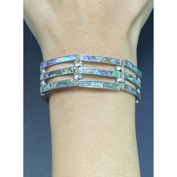 TAXCO Mexico Bracelet 925 Triple Chain Link Abalone Inlay 7.5 inches 1940s - Picture 7 of 7